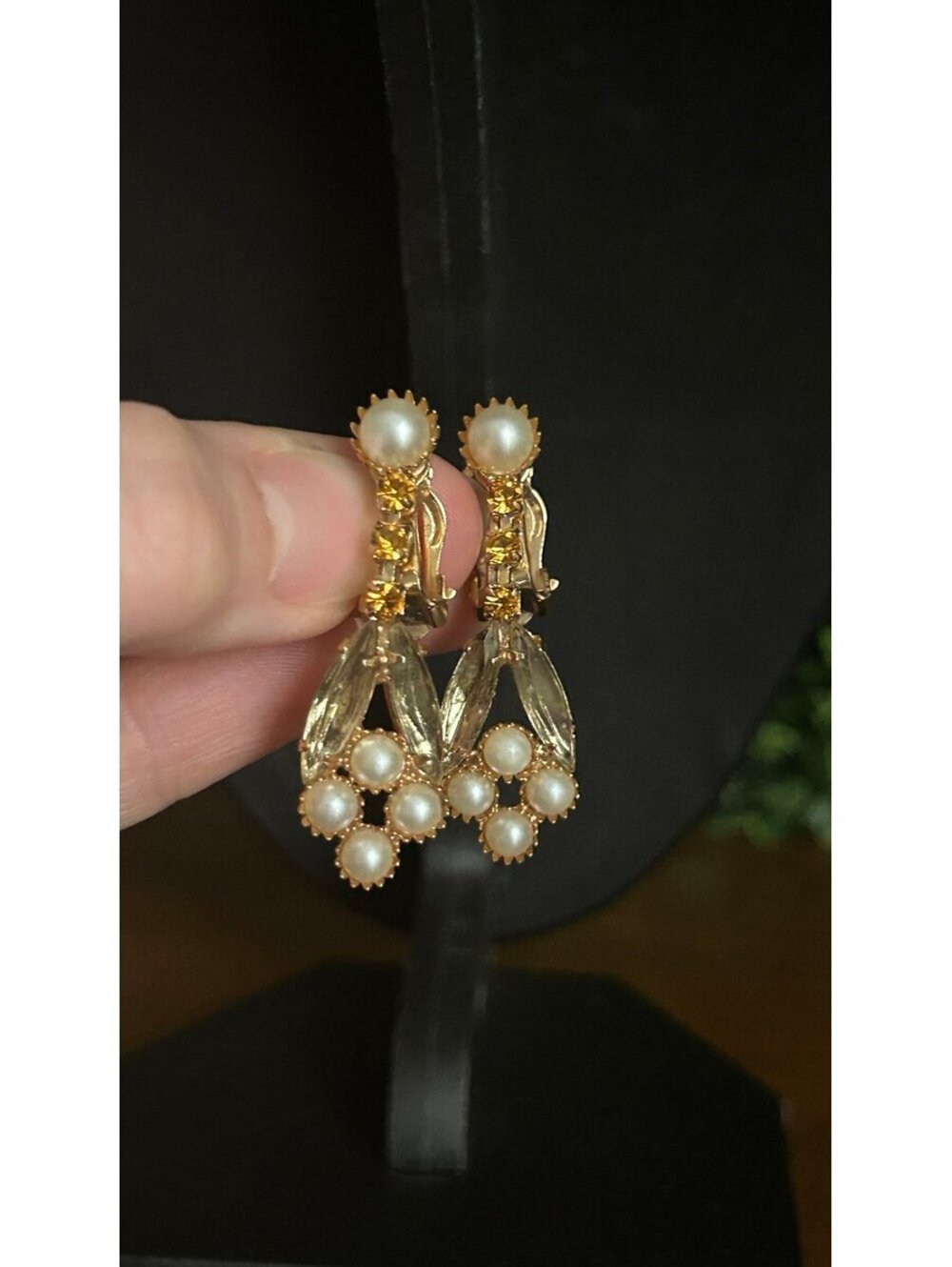 Vintage Faux Pearl Rhinestone Clip On Drop Earrings Gold Tone
